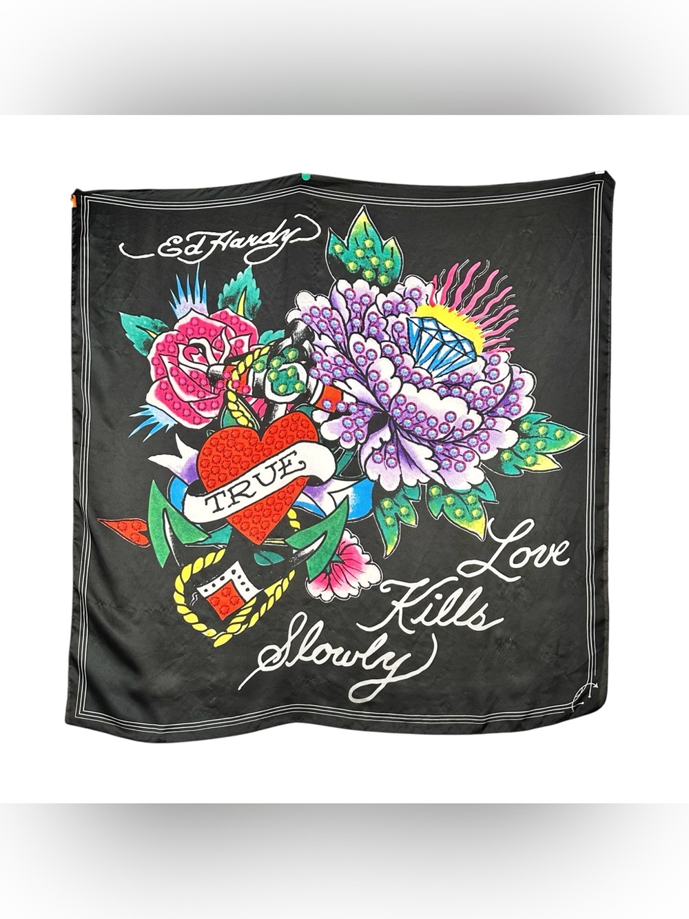 Y2K VINTAGE ED HARDY "Love Kills Slowly" tattoo graphic Silk Scarf 42”x43”